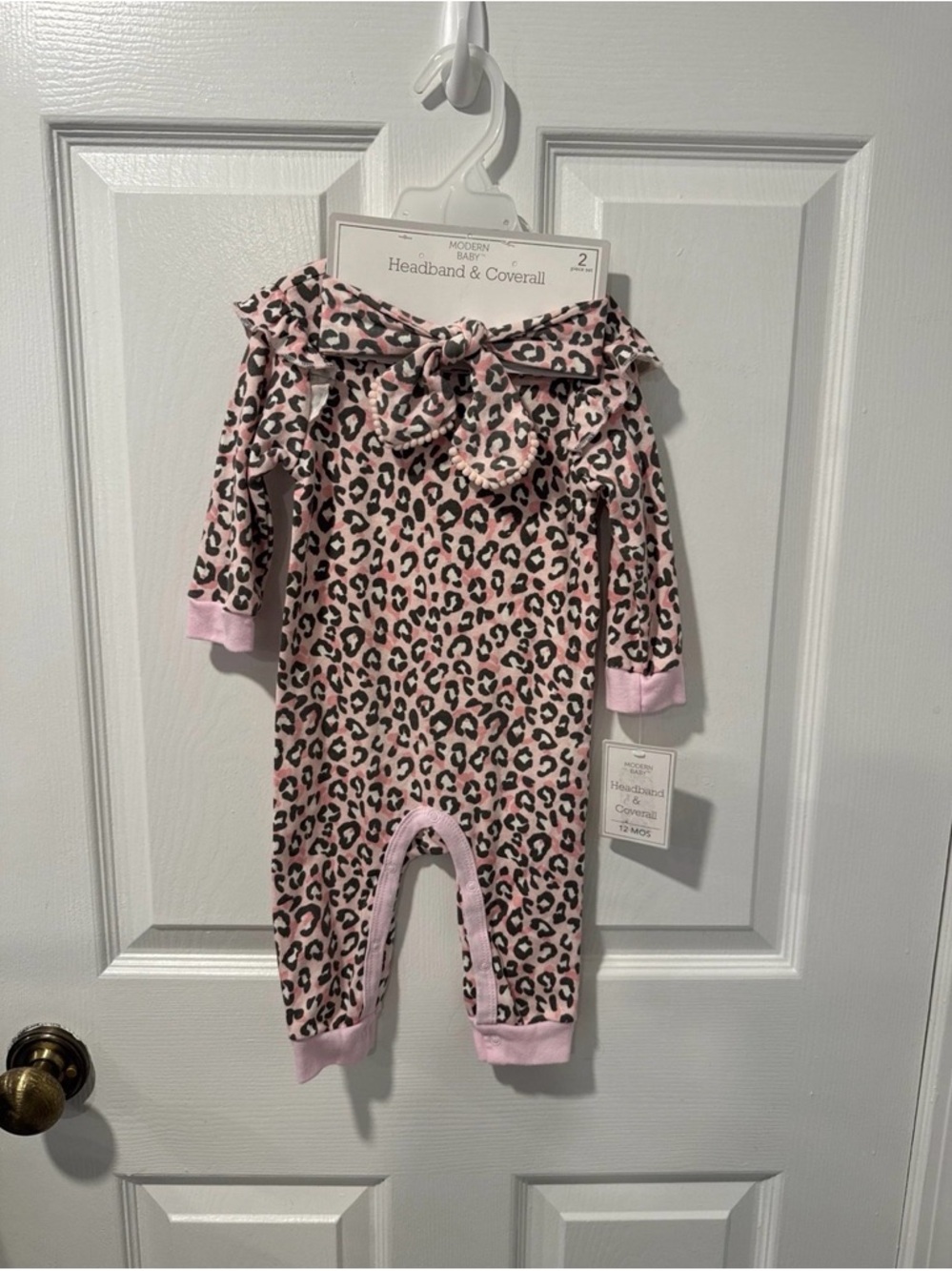 Pink Leopard Print Baby Romper & Matchjng Headband Bow 12M